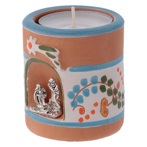 Blue country candle holder with Nativity terracotta of Deruta 2