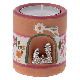 Teelicht-Leuchter Terrakotta Deruta mit heiligen Familie rosa