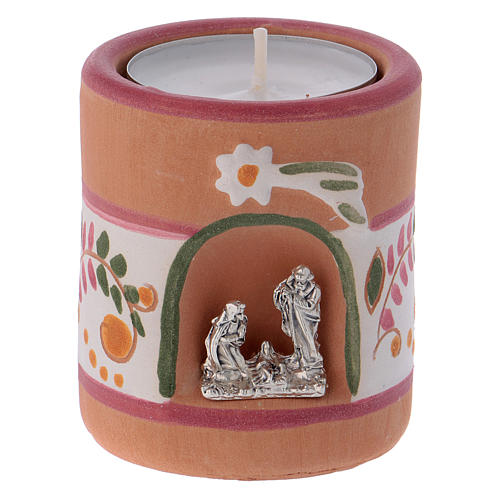 Teelicht-Leuchter Terrakotta Deruta mit heiligen Familie rosa 1