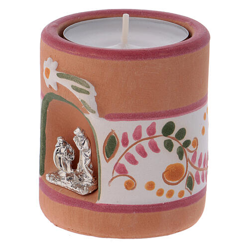 Pink country candle holder with Nativity terracotta of Deruta 2