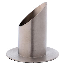 Oval candle holder tube in satinised silver-plated brass