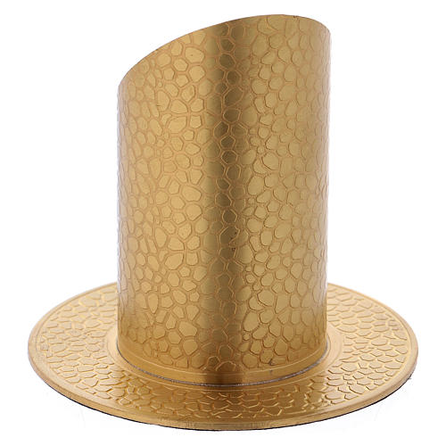 Tube-shaped candle holder in gold-plated brass with leather effect 4 cm 3