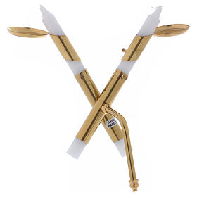 Modern-style cross-shaped candle holder in glossy gold-plated brass