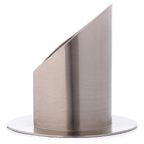 Tube-shaped candle holder with opening in matt silver-plated brass