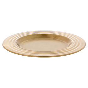 Candle holder plate with ringed edge in matt gold-plated brass