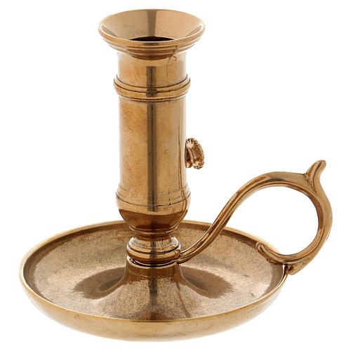 Candle holder with handle and plate in gold-plated brass 1