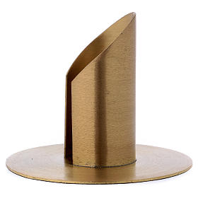 Tube-shaped candle holder with opening in matt gold-plated brass