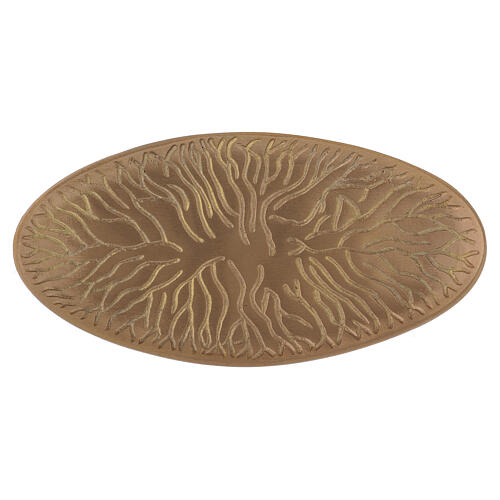 Oval engraved candle holder plate in matte gold plated brass 7x3 1/2 in 1