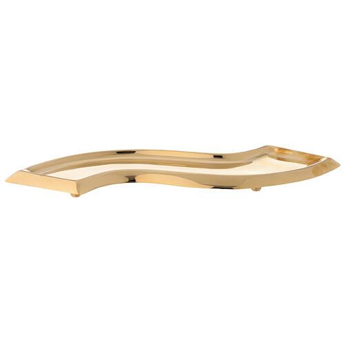 Wave shaped candle holder plate in polished gold plated brass 12x4 in 1