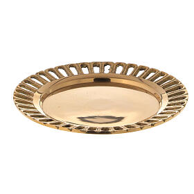 Cut-out candle holder plate, polished gold plated brass, 7 cm diameter