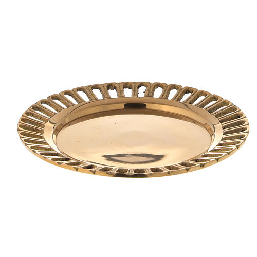 Cut-out candle holder plate, polished gold plated brass, 7 cm diameter 1
