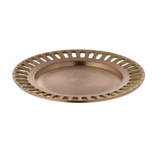 Candle holder plate, satin gold plated brass, cut-out pattern, 11 cm 1