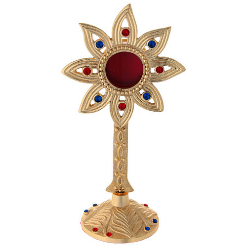 Flower-shaped reliquary, gold plated brass and crystals, h 23 cm 1