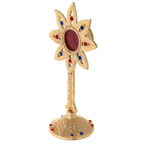 Flower-shaped reliquary, gold plated brass and crystals, h 23 cm 3