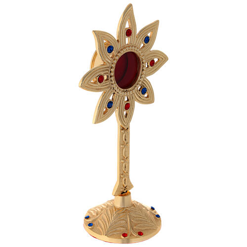 Flower-shaped reliquary, gold plated brass and crystals, h 23 cm 4