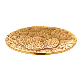 Golden aluminium candle plate with engraved leaves diameter 14 cm