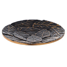 Black and gold aluminium candle plate with leaf decoration diameter 12 cm