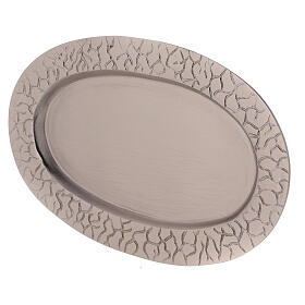 Oval candle holder plate with engraved edge in nickel-plated brass 14x8 cm