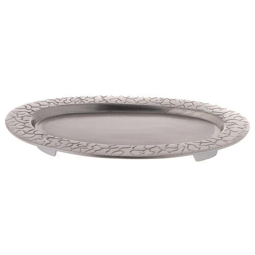 Oval candle holder plate with engraved edge nickel-plated brass 5 1/2x3 in 1