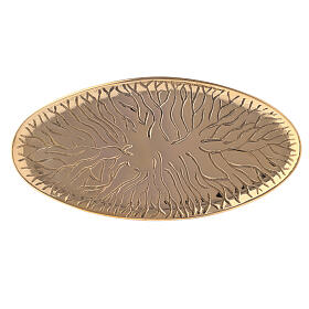 Prato porta-círio oval latão dourado desenho raízes 18x9 cm