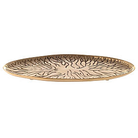 Oval candle holder plate with root design gold plated brass 7x3 1/2 in