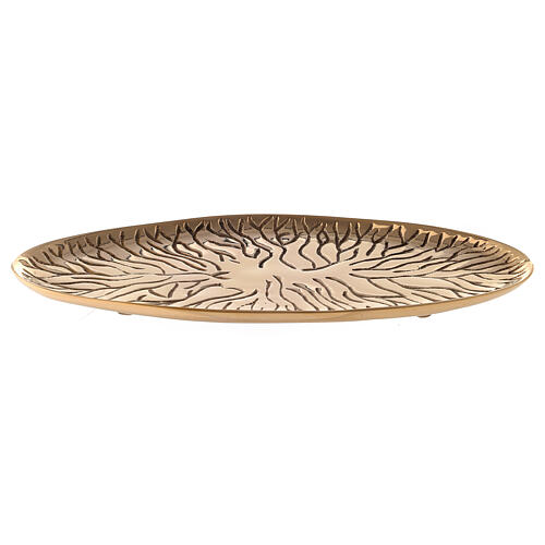 Oval candle holder plate with root design gold plated brass 7x3 1/2 in 1