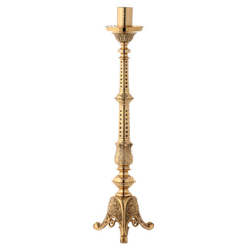Altar candlestick, gold plated brass, leaves and arabesques, 62 cm 1