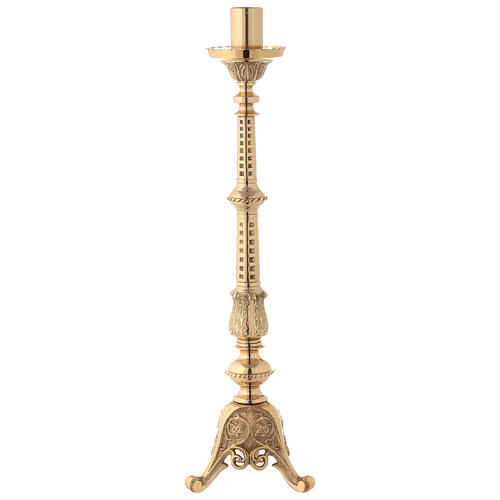 Altar candlestick, gold plated brass, leaves and arabesques, 62 cm 7
