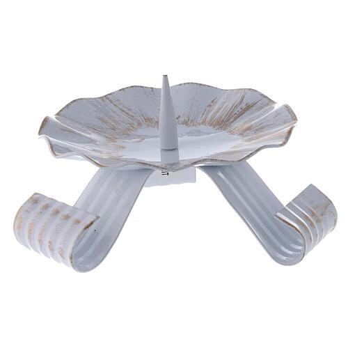 Wavy candle holder with spike, white and gold metal, 12.5 cm diameter 1