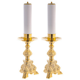 Duo chandeliers, métal doré, base trois pieds,h 31