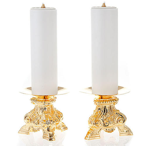 Duo chandeliers, métal doré, base trois pieds,h 15 1