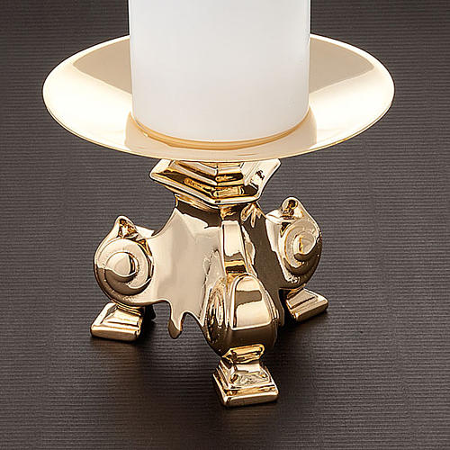 Duo chandeliers, métal doré, base trois pieds,h 15 2