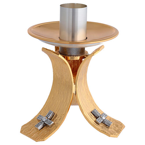 Castiçal de mesa bronze dourado cruz 2
