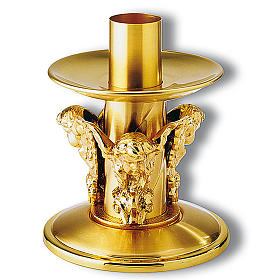Altar candle holder in golden bronze, decorated with angels