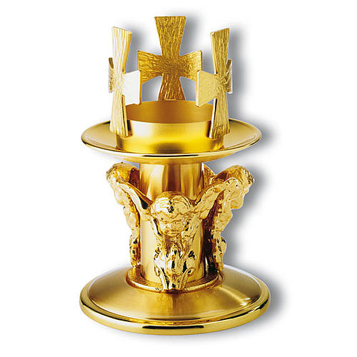 Castiçal de mesa bronze dourado decorado cruzes 1