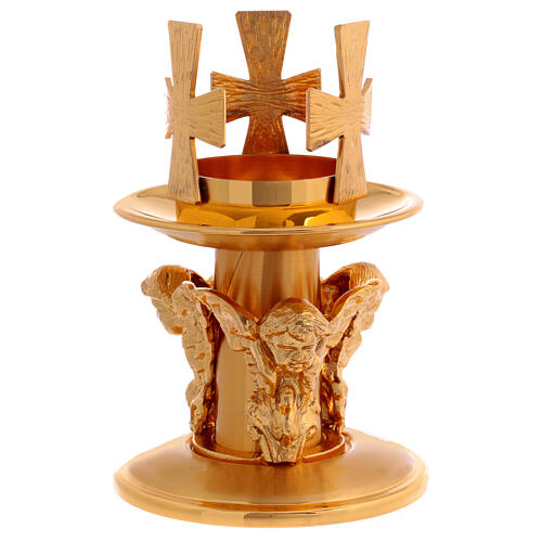 Castiçal de mesa bronze dourado decorado cruzes 3