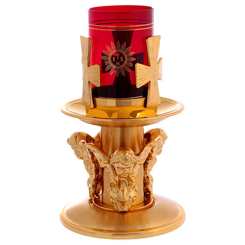 Castiçal de mesa bronze dourado decorado cruzes 5