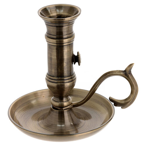 Candle holder with plate and handle, antique finish brass, for 0.8-1 in candles 1