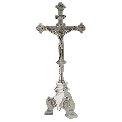 Altar crucifix of silver-plated brass, h 14 in, tripod base 1