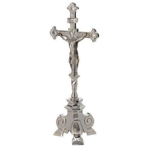 Altar crucifix of silver-plated brass, h 14 in, tripod base 4