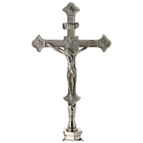 Altar crucifix of silver-plated brass, h 14 in, tripod base 5