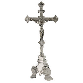 Crucifixo de mesa latão prateado h 35 cm base tripé
