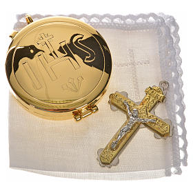 Hostiendosen und Hostienbehälter: Etui für Versehpatene Leder und Satin mit Ziborium