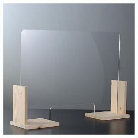 Plexiglas-Tischtrennwand, Modell "Wood", 50x70 cm, mit Serviceöffnung 8x32 cm