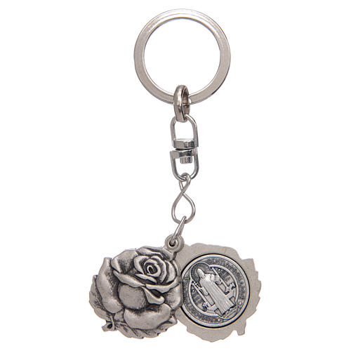 Rose shaped, silver keyring with Saint Benedict medal 1