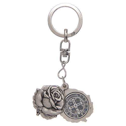 Rose shaped, silver keyring with Saint Benedict medal 2