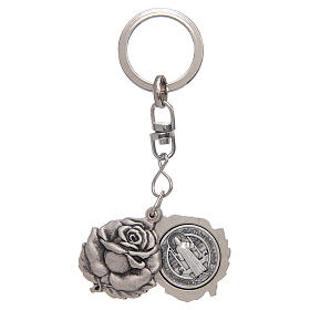 Rose shaped, silver keyring with Saint Benedict medal