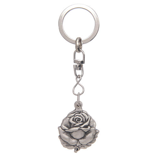 Rose shaped, silver keyring with Saint Benedict medal 3