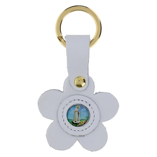 Llavero cuero Virgen de Fatima. Flor 1