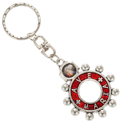 Keychain with ring in red enamel, Ave Maria (Italian) 1